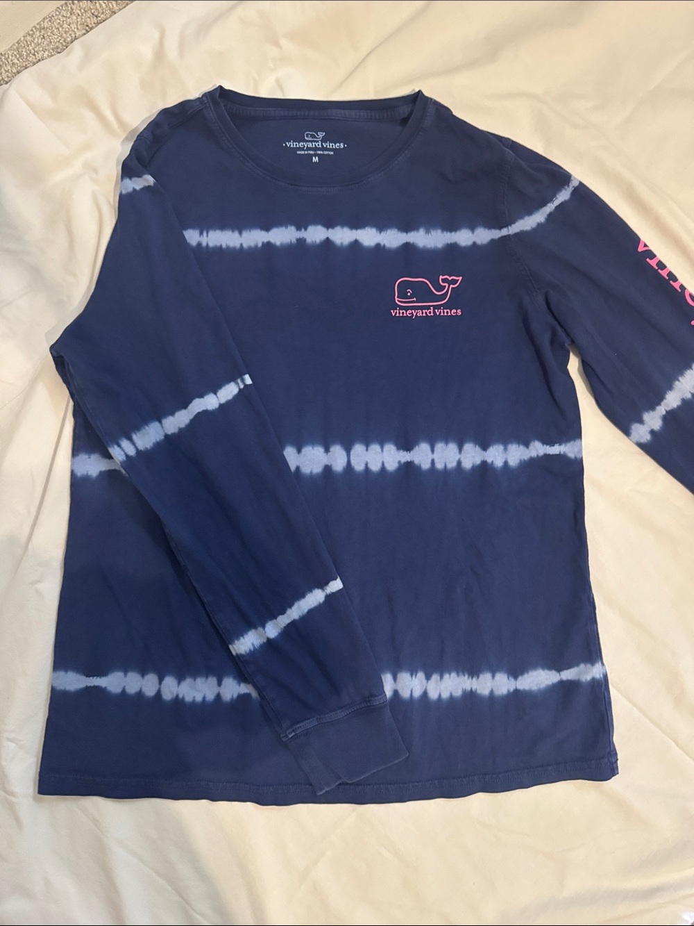 Vineyard Vines Navy & White Tie-Dye Long Sleeve Tee with Pink Whale